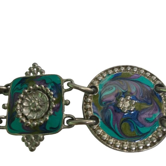 Chico's Vintage Black Leather Enamel Medalian Link Belt Size 30-34 - Picture 3 of 6